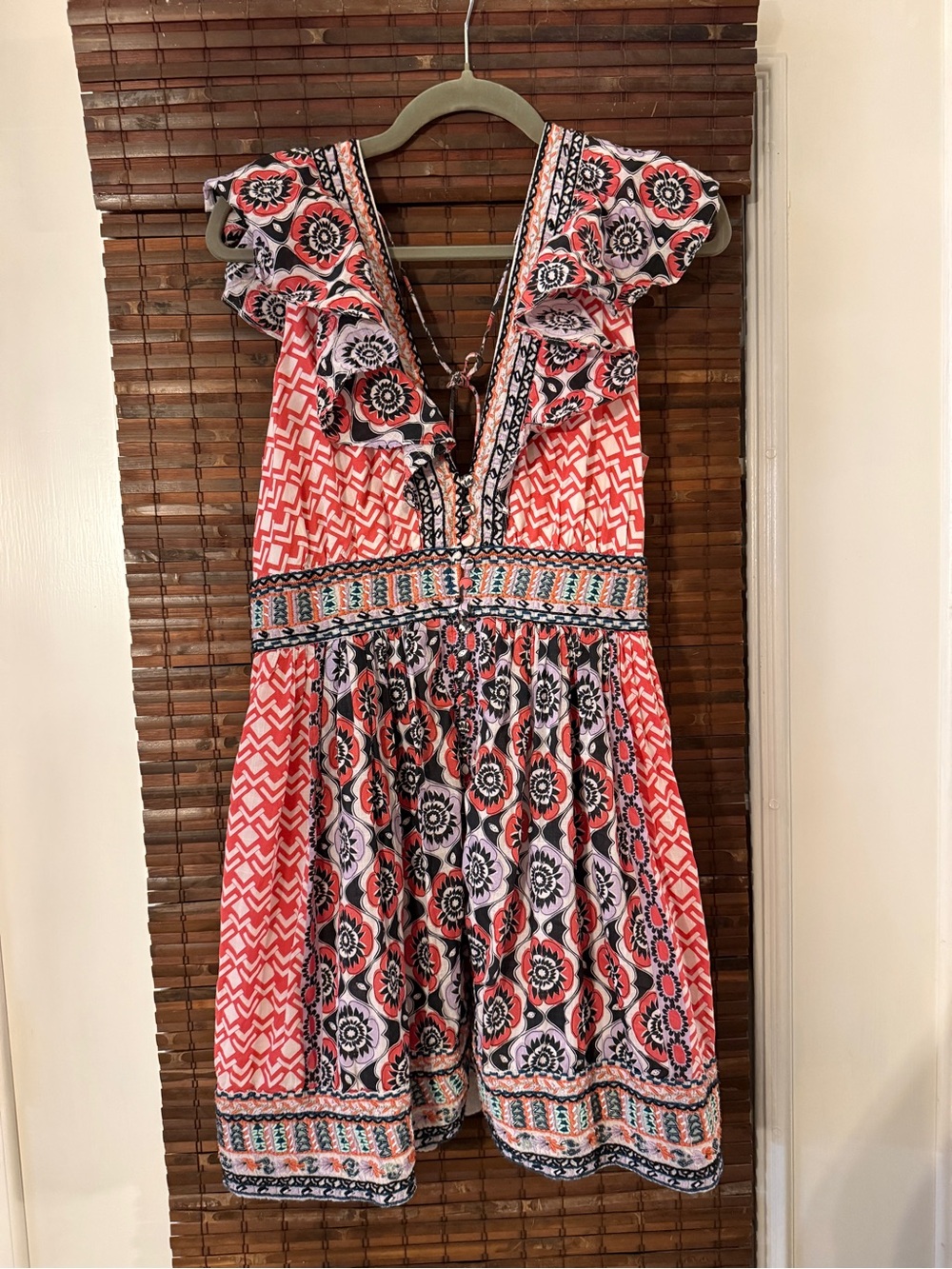 Anthropologie Flutter Printed V-Neck Mini Dress - Coral, Sz 12, guc - Picture 4 of 12
